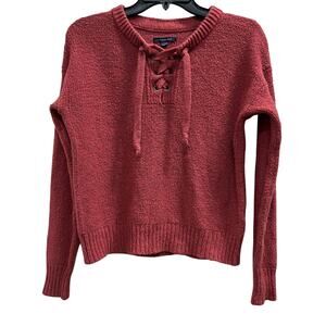 AE Laceup mulberry red cropped oversized girl next door sweater SZ XS